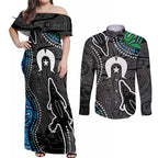 Torest Trait Islands Mix Crocodine Aboriginal Pattern Couples Matching Off Shoulder Maxi Dress and Long Sleeve Button Shirt
