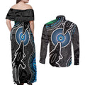 Torest Trait Islands Mix Crocodine Aboriginal Pattern Couples Matching Off Shoulder Maxi Dress and Long Sleeve Button Shirt