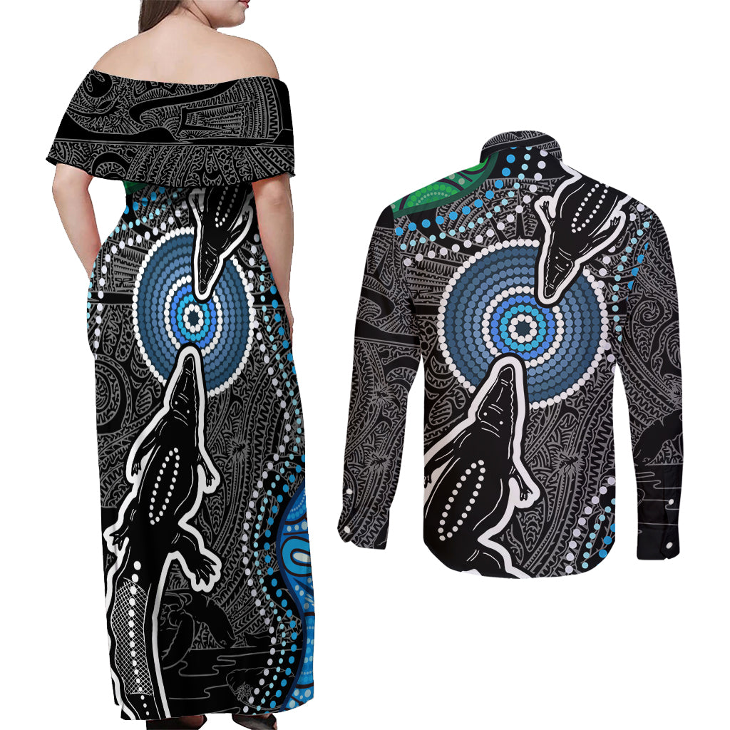 Torest Trait Islands Mix Crocodine Aboriginal Pattern Couples Matching Off Shoulder Maxi Dress and Long Sleeve Button Shirt