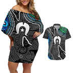 Torest Trait Islands Mix Crocodine Aboriginal Pattern Couples Matching Off Shoulder Short Dress and Hawaiian Shirt