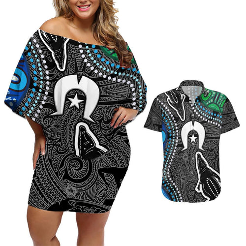 Torest Trait Islands Mix Crocodine Aboriginal Pattern Couples Matching Off Shoulder Short Dress and Hawaiian Shirt