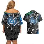 Torest Trait Islands Mix Crocodine Aboriginal Pattern Couples Matching Off Shoulder Short Dress and Hawaiian Shirt