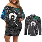 Torest Trait Islands Mix Crocodine Aboriginal Pattern Couples Matching Off Shoulder Short Dress and Long Sleeve Button Shirt