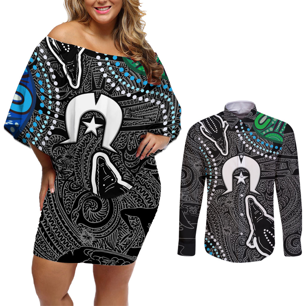 Torest Trait Islands Mix Crocodine Aboriginal Pattern Couples Matching Off Shoulder Short Dress and Long Sleeve Button Shirt