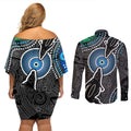 Torest Trait Islands Mix Crocodine Aboriginal Pattern Couples Matching Off Shoulder Short Dress and Long Sleeve Button Shirt