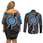 Torest Trait Islands Mix Crocodine Aboriginal Pattern Couples Matching Off Shoulder Short Dress and Long Sleeve Button Shirt