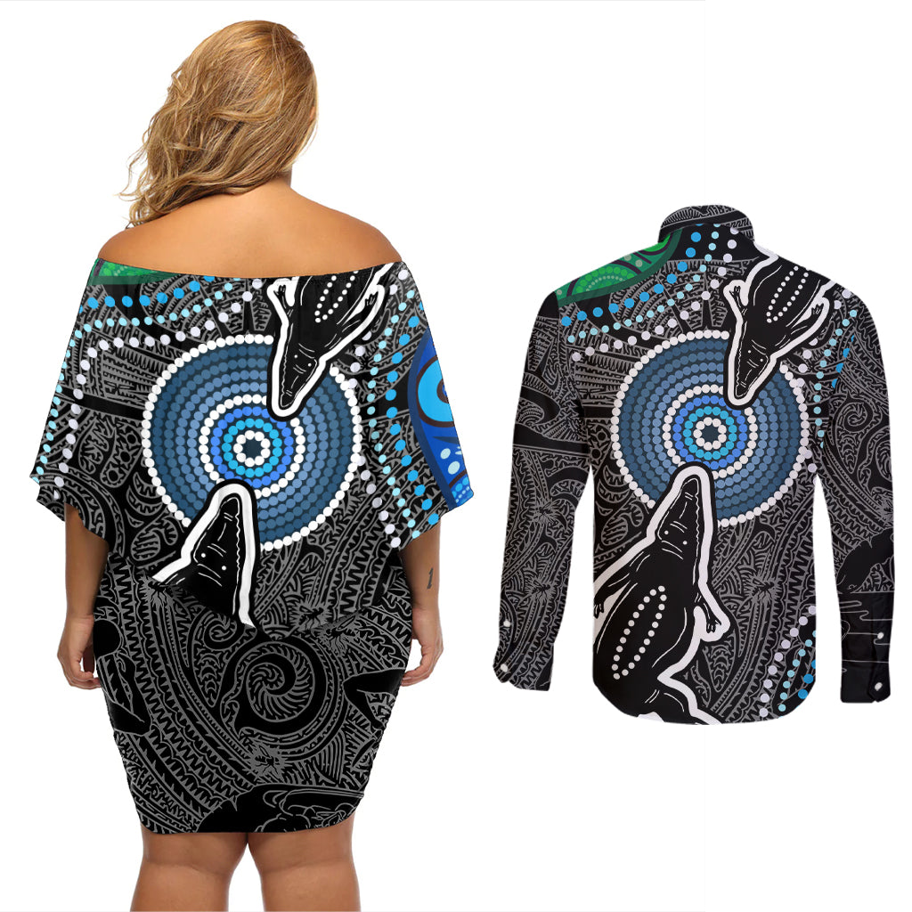 Torest Trait Islands Mix Crocodine Aboriginal Pattern Couples Matching Off Shoulder Short Dress and Long Sleeve Button Shirt