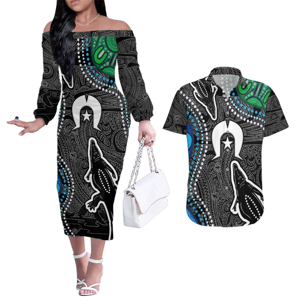 Torest Trait Islands Mix Crocodine Aboriginal Pattern Couples Matching Off The Shoulder Long Sleeve Dress and Hawaiian Shirt
