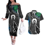 Torest Trait Islands Mix Crocodine Aboriginal Pattern Couples Matching Off The Shoulder Long Sleeve Dress and Hawaiian Shirt