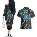 Torest Trait Islands Mix Crocodine Aboriginal Pattern Couples Matching Off The Shoulder Long Sleeve Dress and Hawaiian Shirt