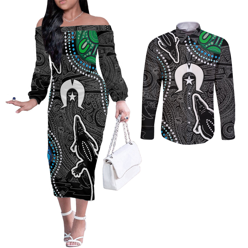 Torest Trait Islands Mix Crocodine Aboriginal Pattern Couples Matching Off The Shoulder Long Sleeve Dress and Long Sleeve Button Shirt