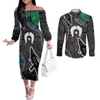 Torest Trait Islands Mix Crocodine Aboriginal Pattern Couples Matching Off The Shoulder Long Sleeve Dress and Long Sleeve Button Shirt