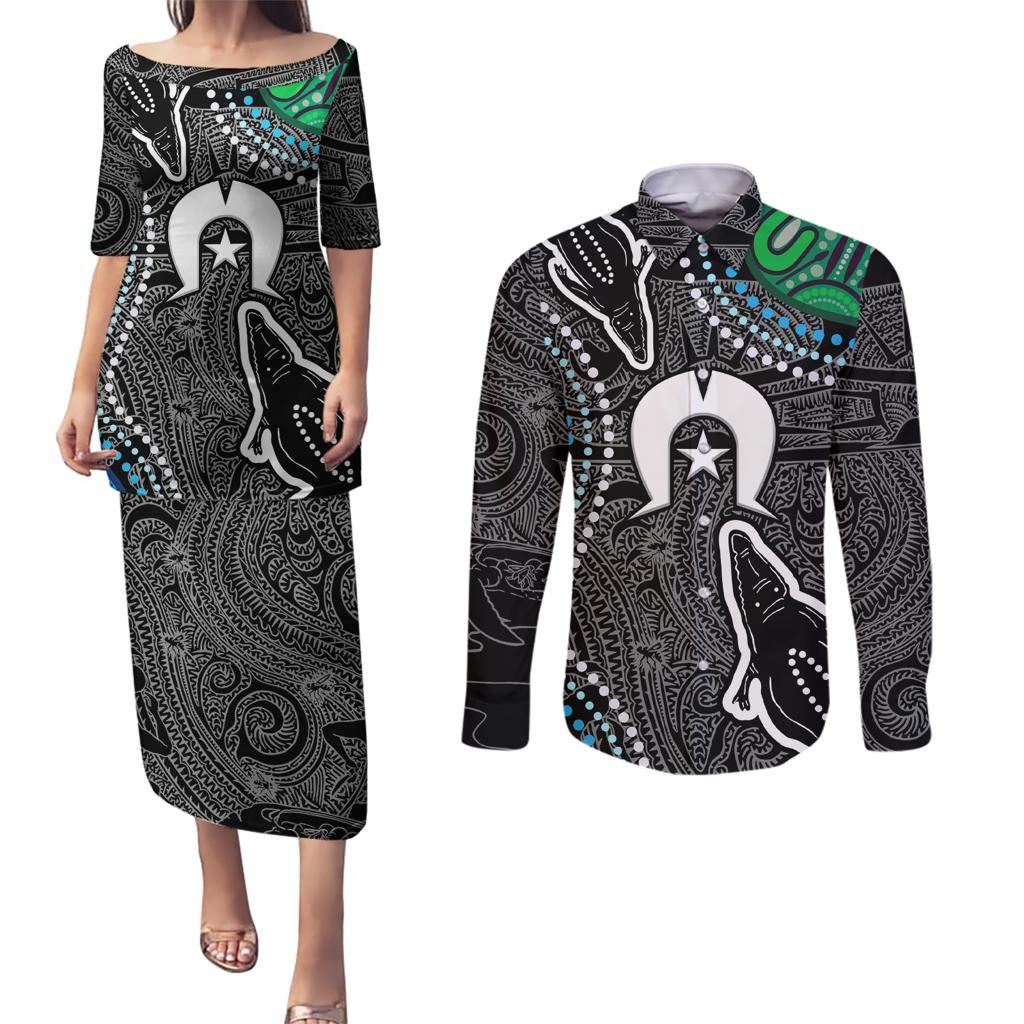 Torest Trait Islands Mix Crocodine Aboriginal Pattern Couples Matching Puletasi and Long Sleeve Button Shirt