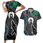 Torest Trait Islands Mix Crocodine Aboriginal Pattern Couples Matching Short Sleeve Bodycon Dress and Hawaiian Shirt