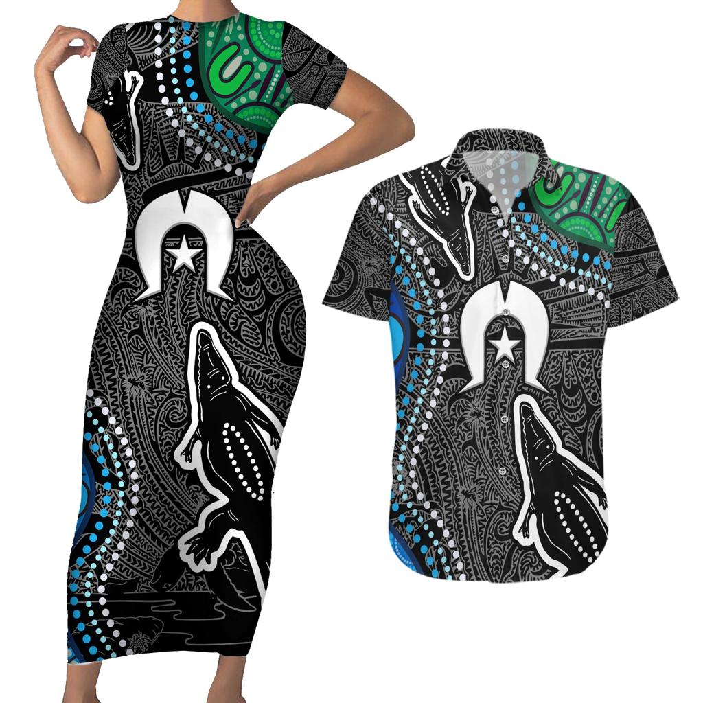 Torest Trait Islands Mix Crocodine Aboriginal Pattern Couples Matching Short Sleeve Bodycon Dress and Hawaiian Shirt