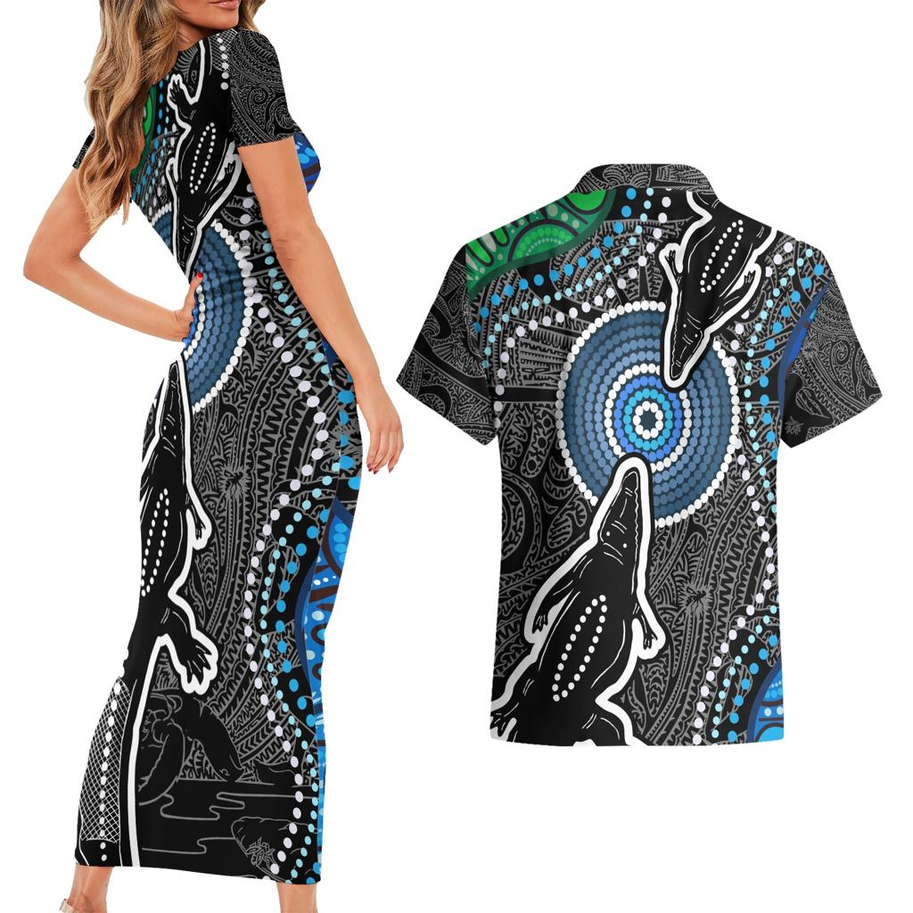 Torest Trait Islands Mix Crocodine Aboriginal Pattern Couples Matching Short Sleeve Bodycon Dress and Hawaiian Shirt