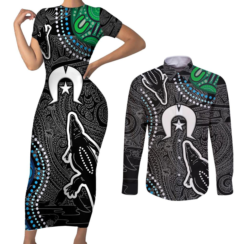 Torest Trait Islands Mix Crocodine Aboriginal Pattern Couples Matching Short Sleeve Bodycon Dress and Long Sleeve Button Shirt