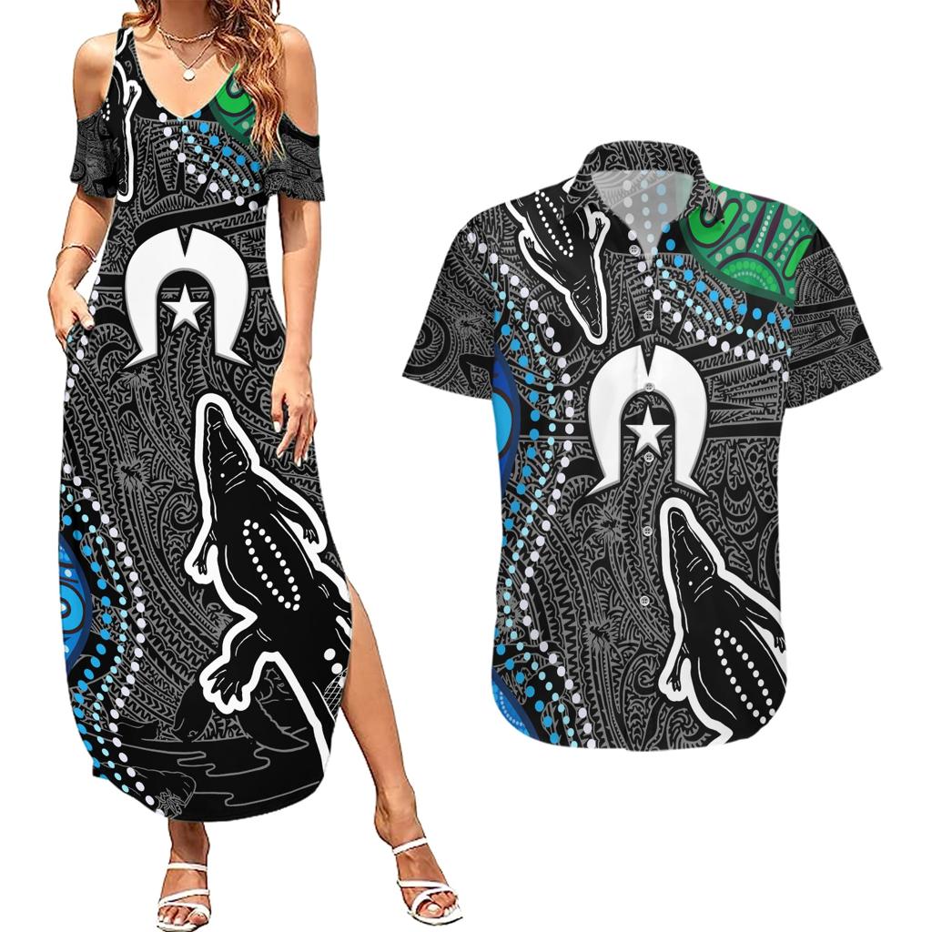 Torest Trait Islands Mix Crocodine Aboriginal Pattern Couples Matching Summer Maxi Dress and Hawaiian Shirt