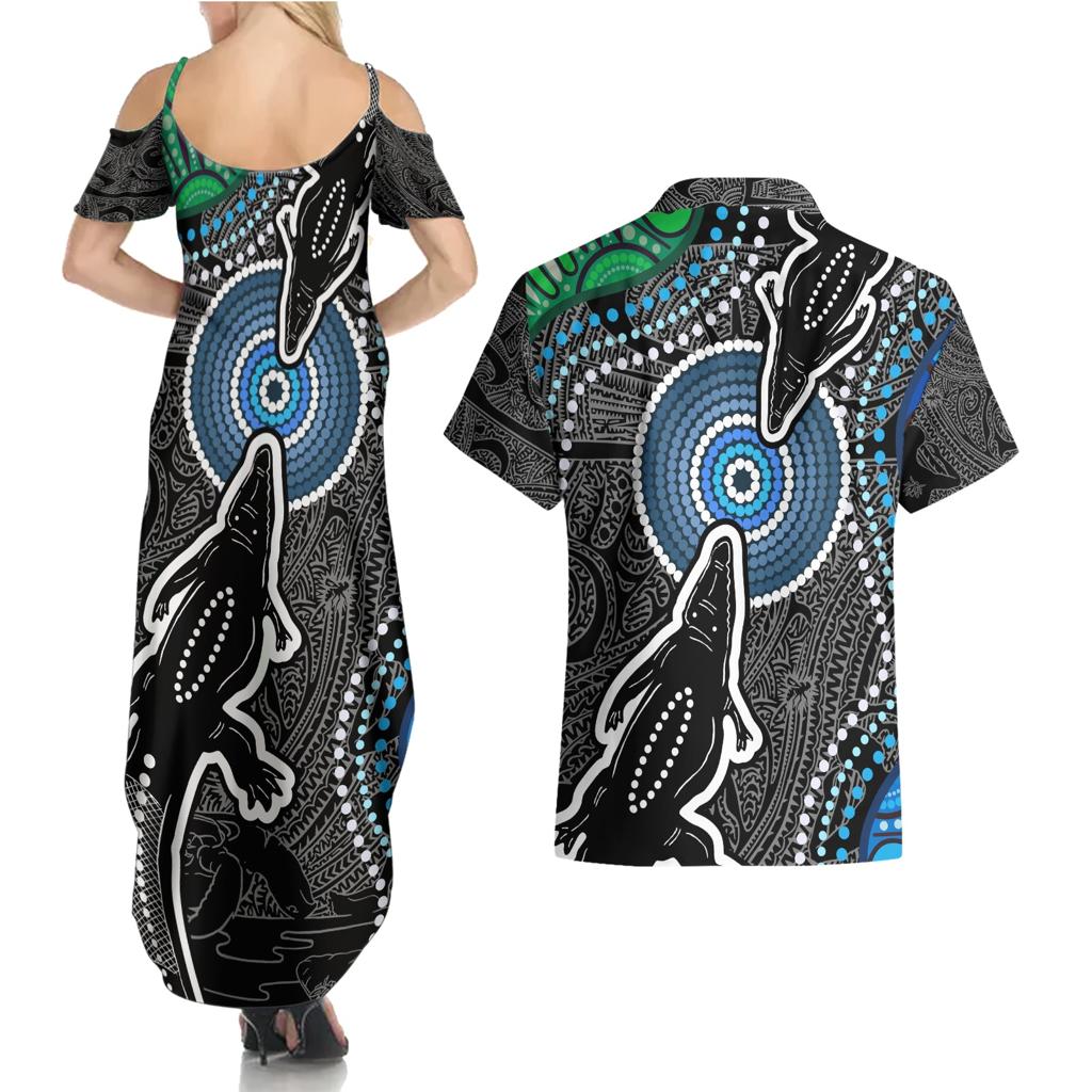 Torest Trait Islands Mix Crocodine Aboriginal Pattern Couples Matching Summer Maxi Dress and Hawaiian Shirt