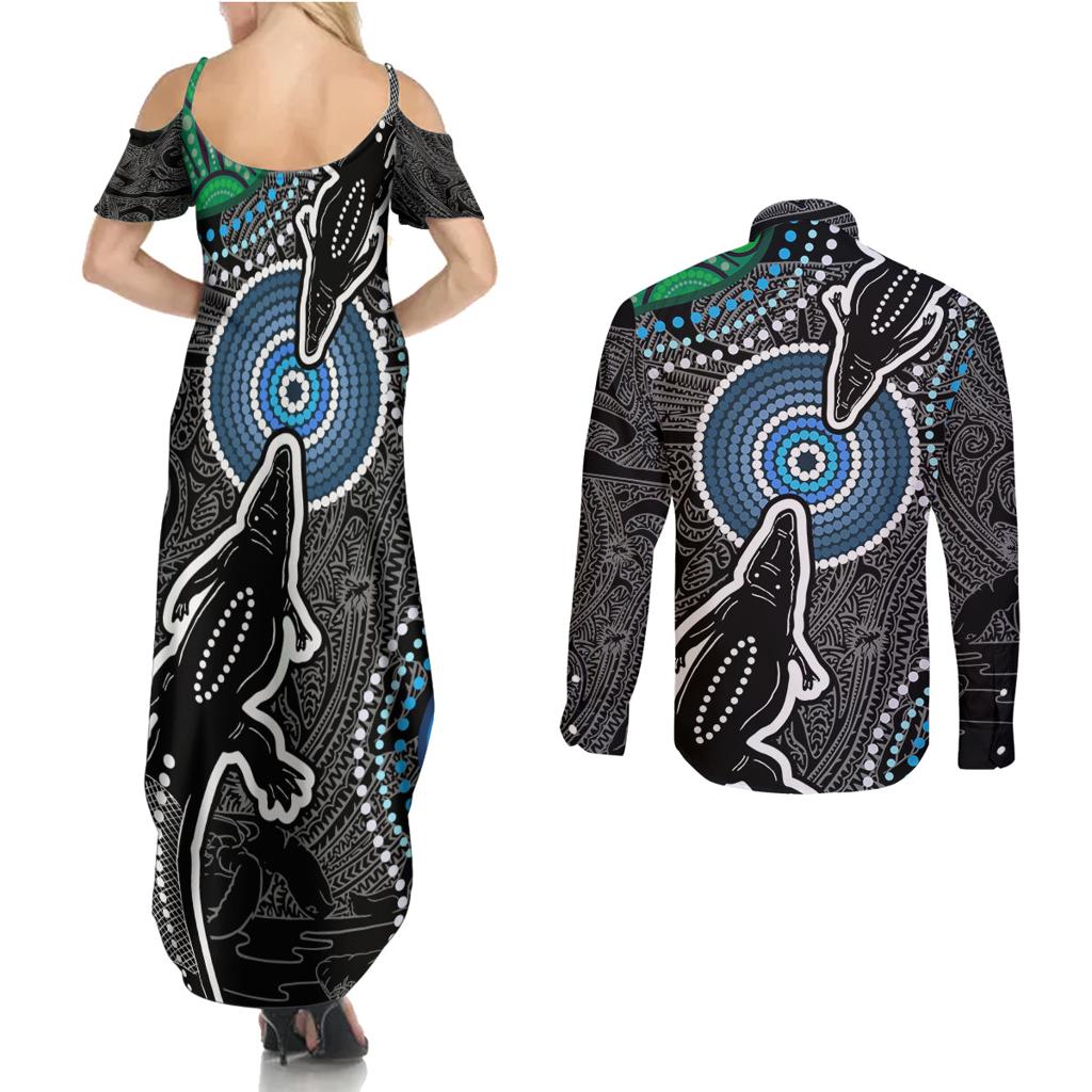 Torest Trait Islands Mix Crocodine Aboriginal Pattern Couples Matching Summer Maxi Dress and Long Sleeve Button Shirt