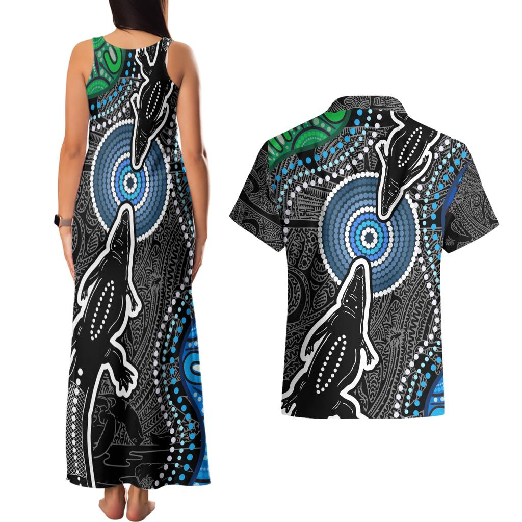 Torest Trait Islands Mix Crocodine Aboriginal Pattern Couples Matching Tank Maxi Dress and Hawaiian Shirt