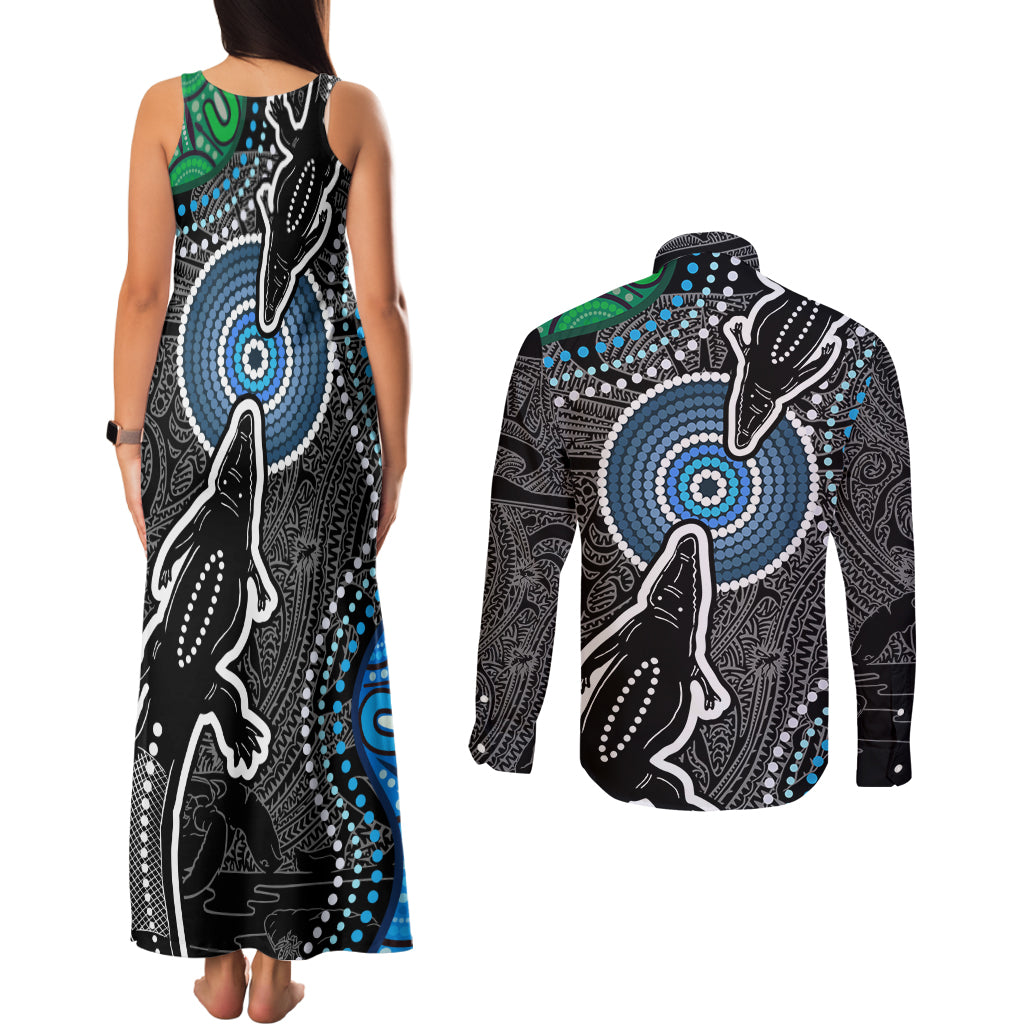 Torest Trait Islands Mix Crocodine Aboriginal Pattern Couples Matching Tank Maxi Dress and Long Sleeve Button Shirt