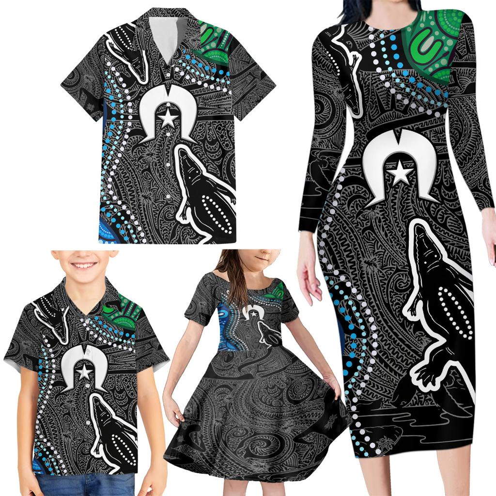Torest Trait Islands Mix Crocodine Aboriginal Pattern Family Matching Long Sleeve Bodycon Dress and Hawaiian Shirt