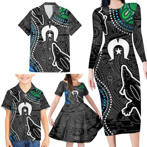 Torest Trait Islands Mix Crocodine Aboriginal Pattern Family Matching Long Sleeve Bodycon Dress and Hawaiian Shirt