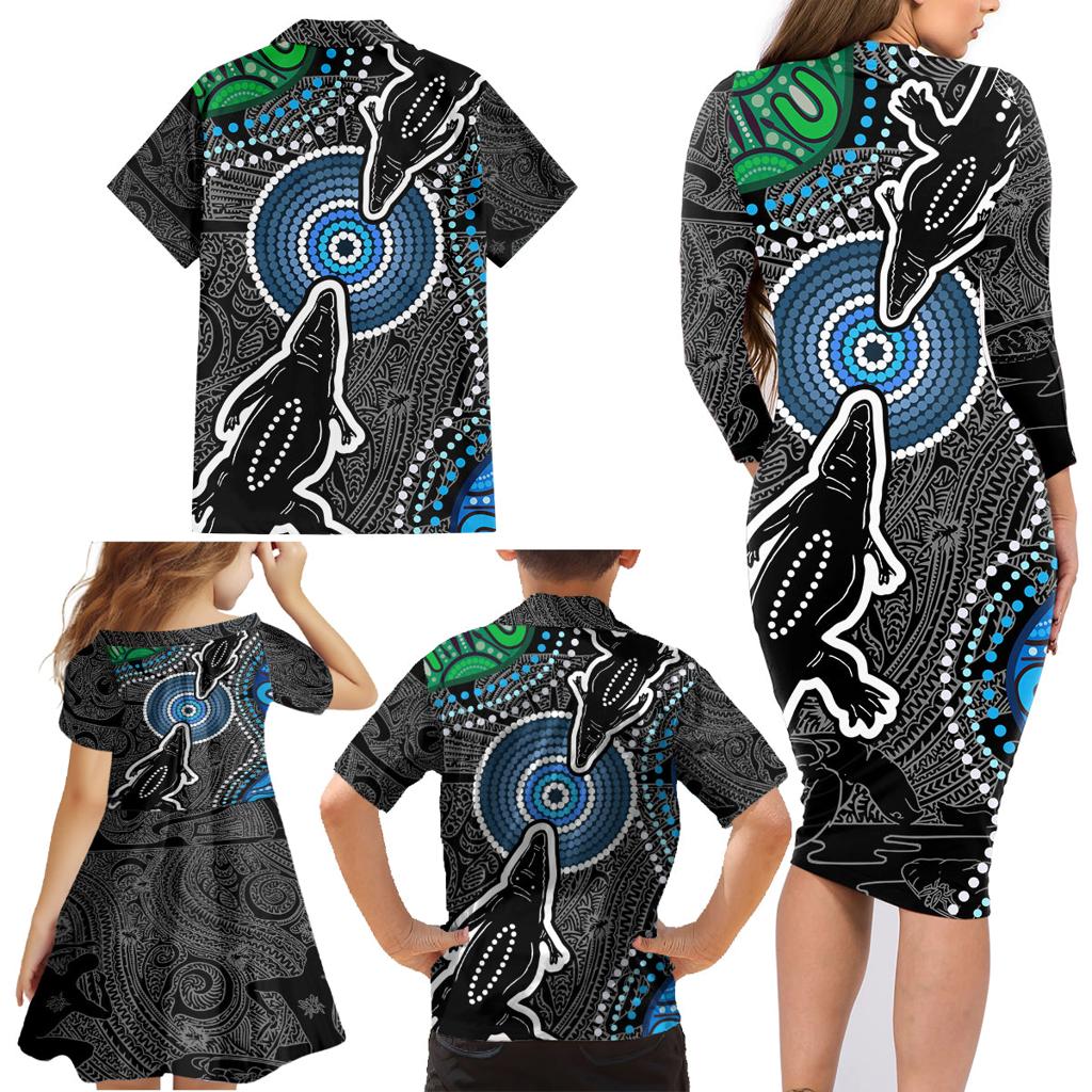 Torest Trait Islands Mix Crocodine Aboriginal Pattern Family Matching Long Sleeve Bodycon Dress and Hawaiian Shirt