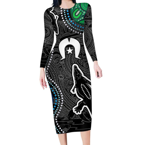 Torest Trait Islands Mix Crocodine Aboriginal Pattern Family Matching Long Sleeve Bodycon Dress and Hawaiian Shirt