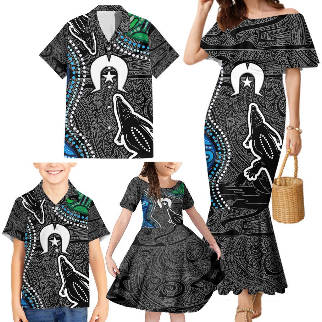 Torest Trait Islands Mix Crocodine Aboriginal Pattern Family Matching Mermaid Dress and Hawaiian Shirt