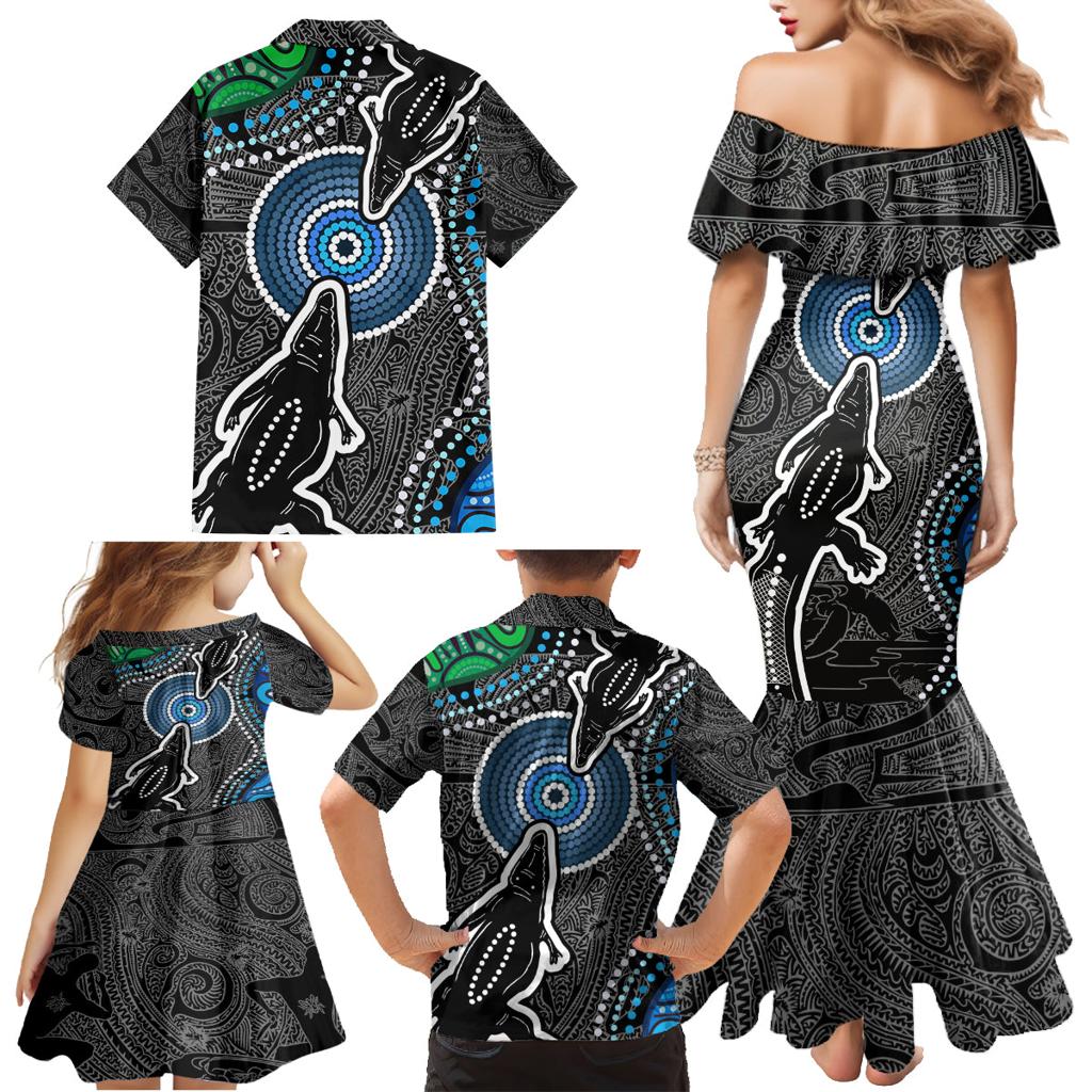Torest Trait Islands Mix Crocodine Aboriginal Pattern Family Matching Mermaid Dress and Hawaiian Shirt