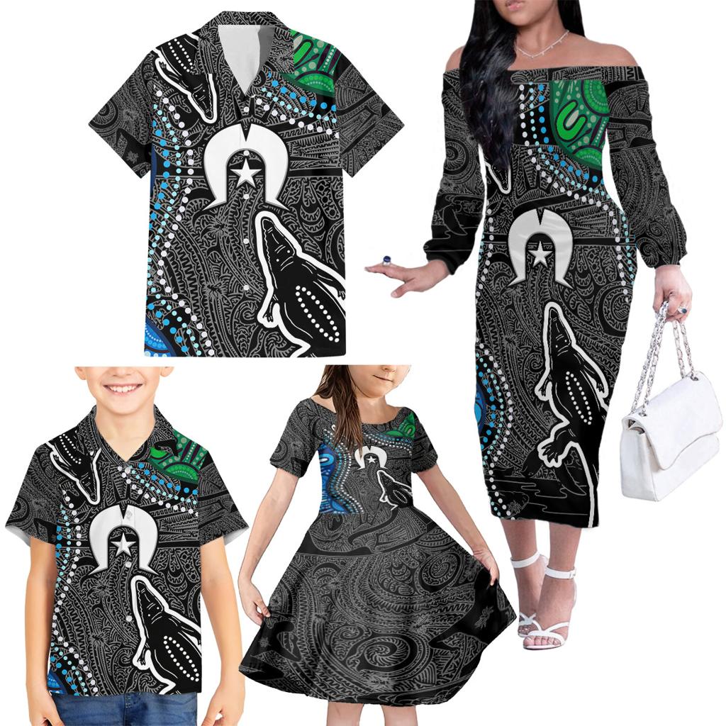 Torest Trait Islands Mix Crocodine Aboriginal Pattern Family Matching Off Shoulder Long Sleeve Dress and Hawaiian Shirt