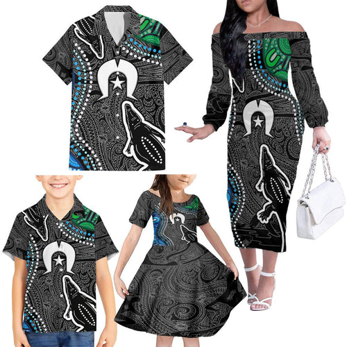 Torest Trait Islands Mix Crocodine Aboriginal Pattern Family Matching Off Shoulder Long Sleeve Dress and Hawaiian Shirt