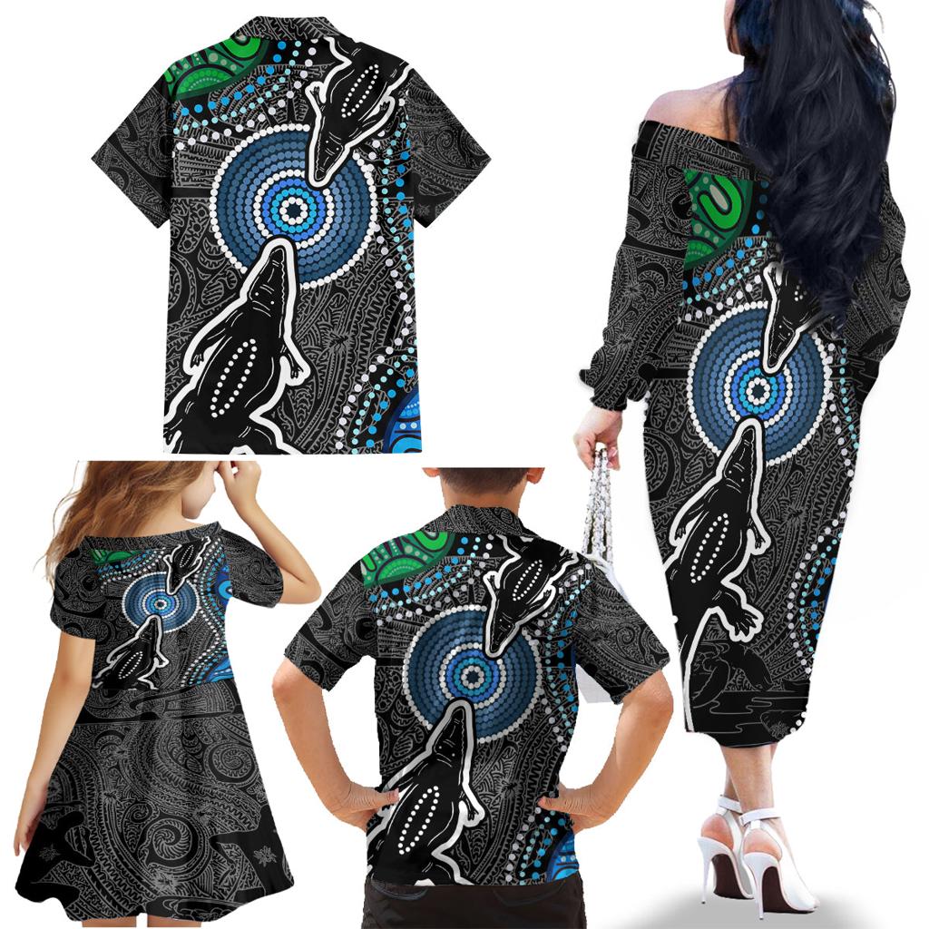 Torest Trait Islands Mix Crocodine Aboriginal Pattern Family Matching Off Shoulder Long Sleeve Dress and Hawaiian Shirt
