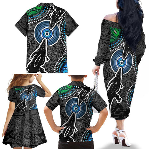 Torest Trait Islands Mix Crocodine Aboriginal Pattern Family Matching Off Shoulder Long Sleeve Dress and Hawaiian Shirt