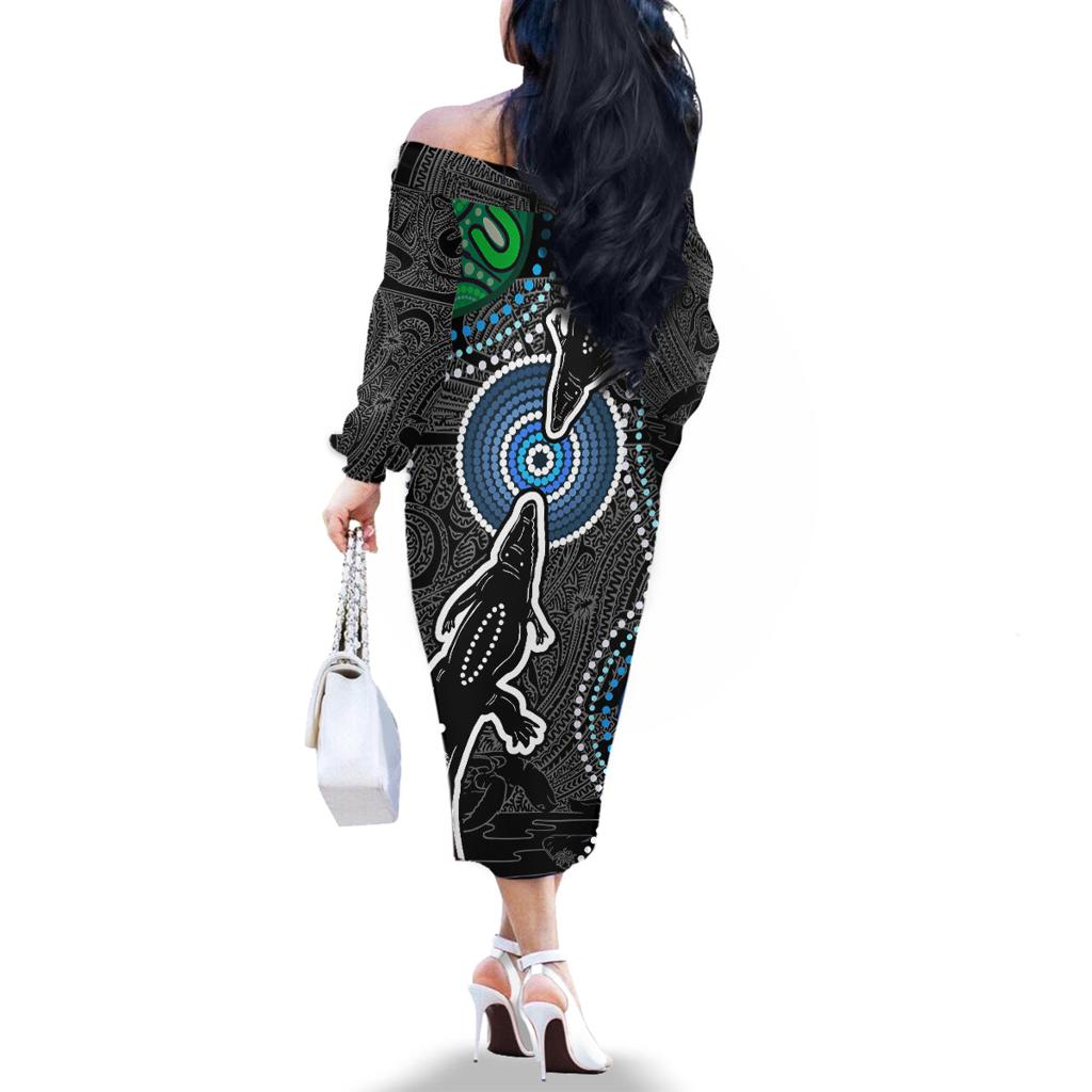 Torest Trait Islands Mix Crocodine Aboriginal Pattern Family Matching Off Shoulder Long Sleeve Dress and Hawaiian Shirt