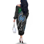Torest Trait Islands Mix Crocodine Aboriginal Pattern Family Matching Off Shoulder Long Sleeve Dress and Hawaiian Shirt