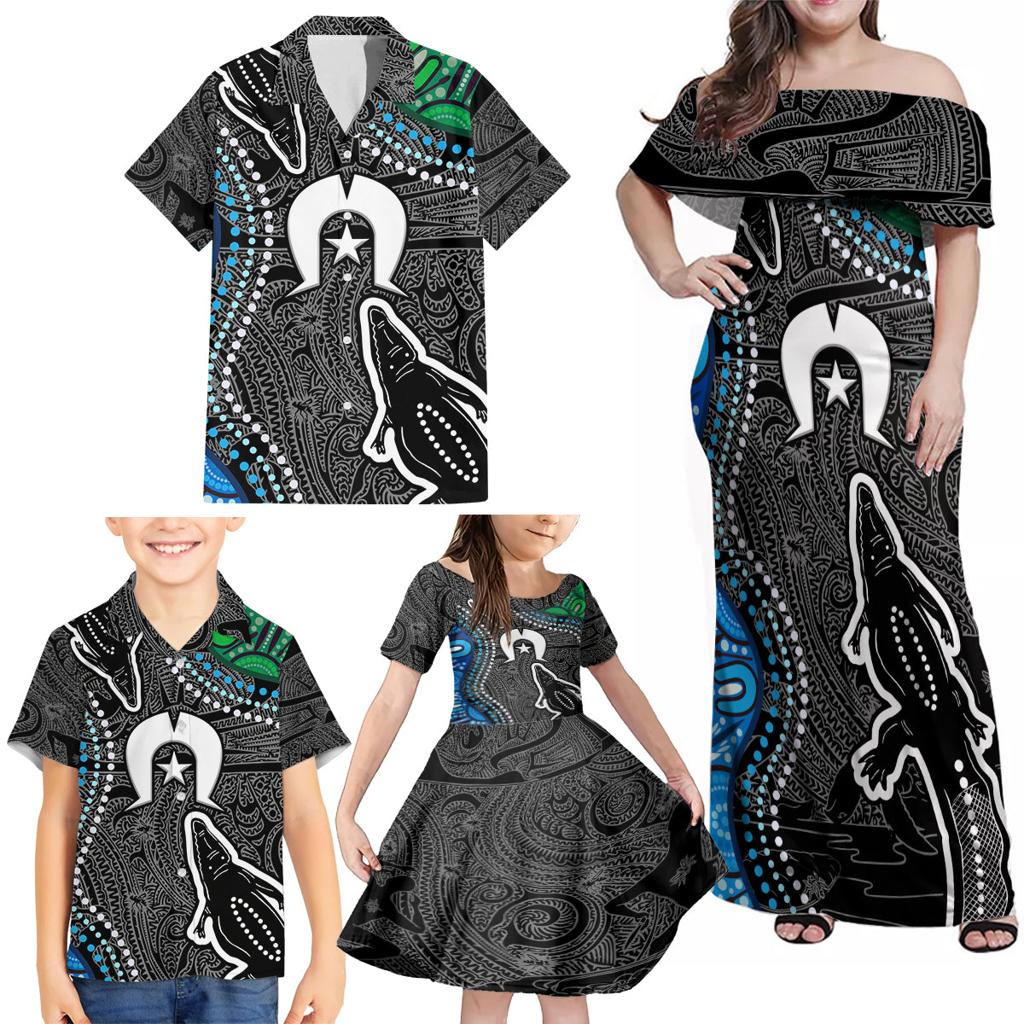 Torest Trait Islands Mix Crocodine Aboriginal Pattern Family Matching Off Shoulder Maxi Dress and Hawaiian Shirt