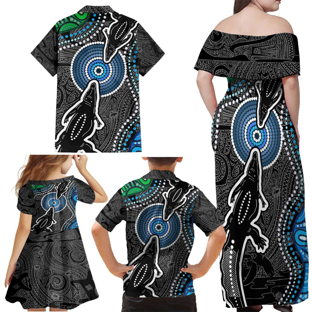 Torest Trait Islands Mix Crocodine Aboriginal Pattern Family Matching Off Shoulder Maxi Dress and Hawaiian Shirt
