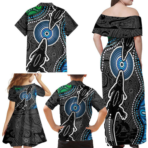 Torest Trait Islands Mix Crocodine Aboriginal Pattern Family Matching Off Shoulder Maxi Dress and Hawaiian Shirt