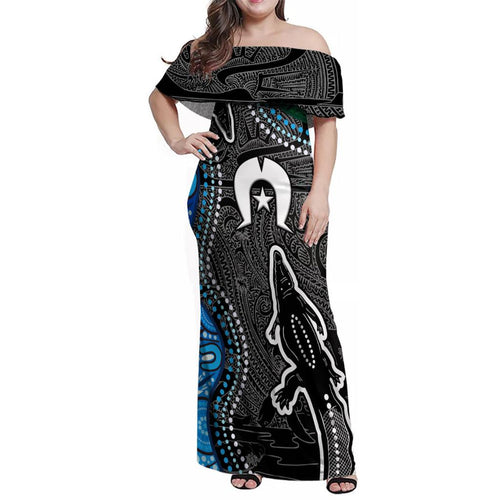 Torest Trait Islands Mix Crocodine Aboriginal Pattern Family Matching Off Shoulder Maxi Dress and Hawaiian Shirt
