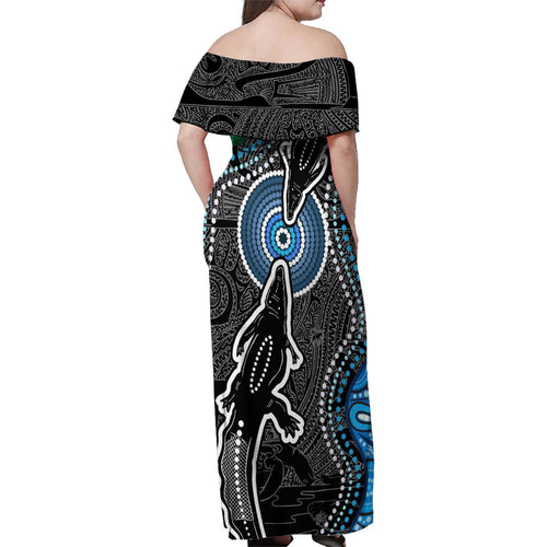 Torest Trait Islands Mix Crocodine Aboriginal Pattern Family Matching Off Shoulder Maxi Dress and Hawaiian Shirt