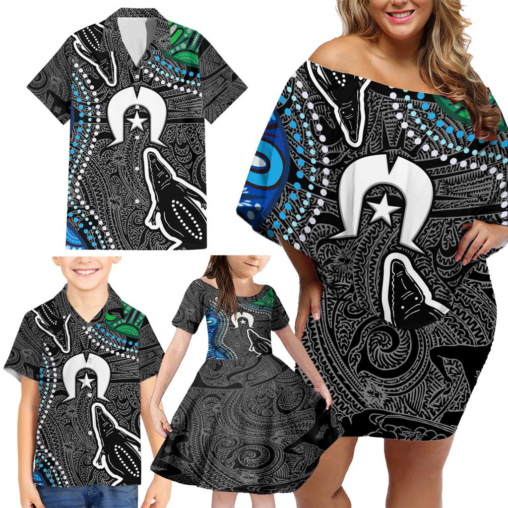 Torest Trait Islands Mix Crocodine Aboriginal Pattern Family Matching Off Shoulder Short Dress and Hawaiian Shirt