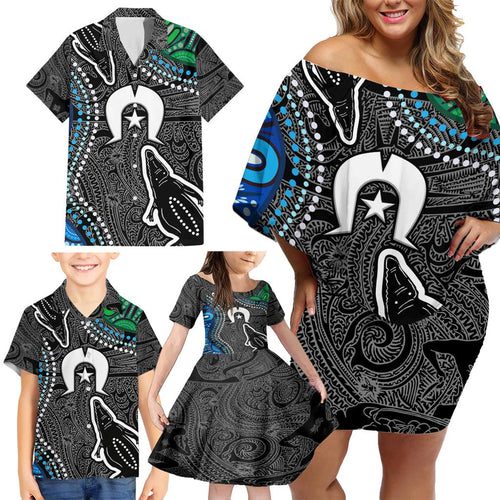 Torest Trait Islands Mix Crocodine Aboriginal Pattern Family Matching Off Shoulder Short Dress and Hawaiian Shirt