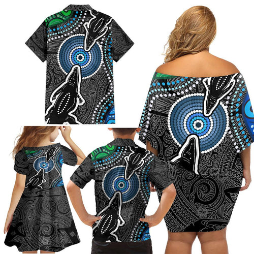Torest Trait Islands Mix Crocodine Aboriginal Pattern Family Matching Off Shoulder Short Dress and Hawaiian Shirt