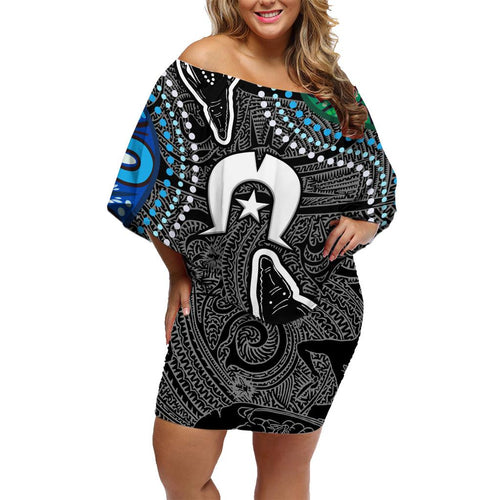 Torest Trait Islands Mix Crocodine Aboriginal Pattern Family Matching Off Shoulder Short Dress and Hawaiian Shirt