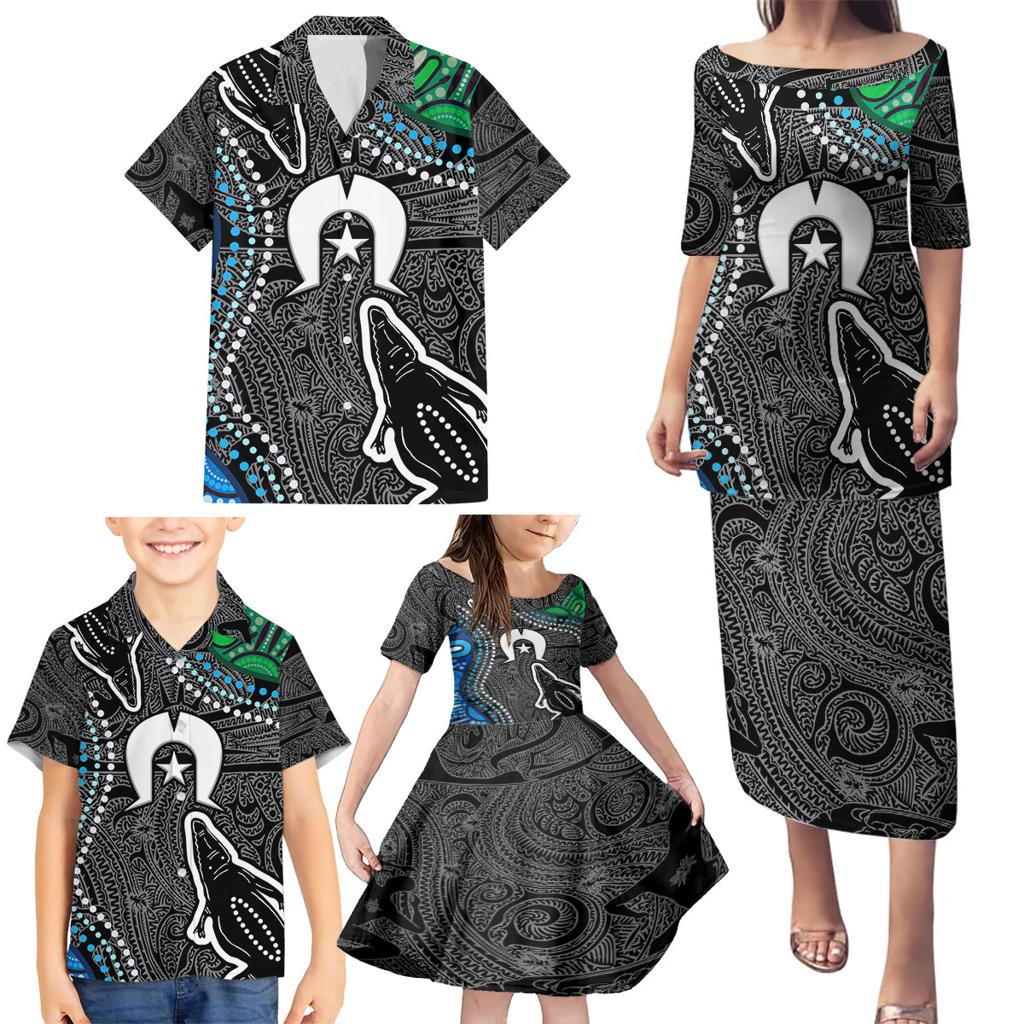 Torest Trait Islands Mix Crocodine Aboriginal Pattern Family Matching Puletasi and Hawaiian Shirt