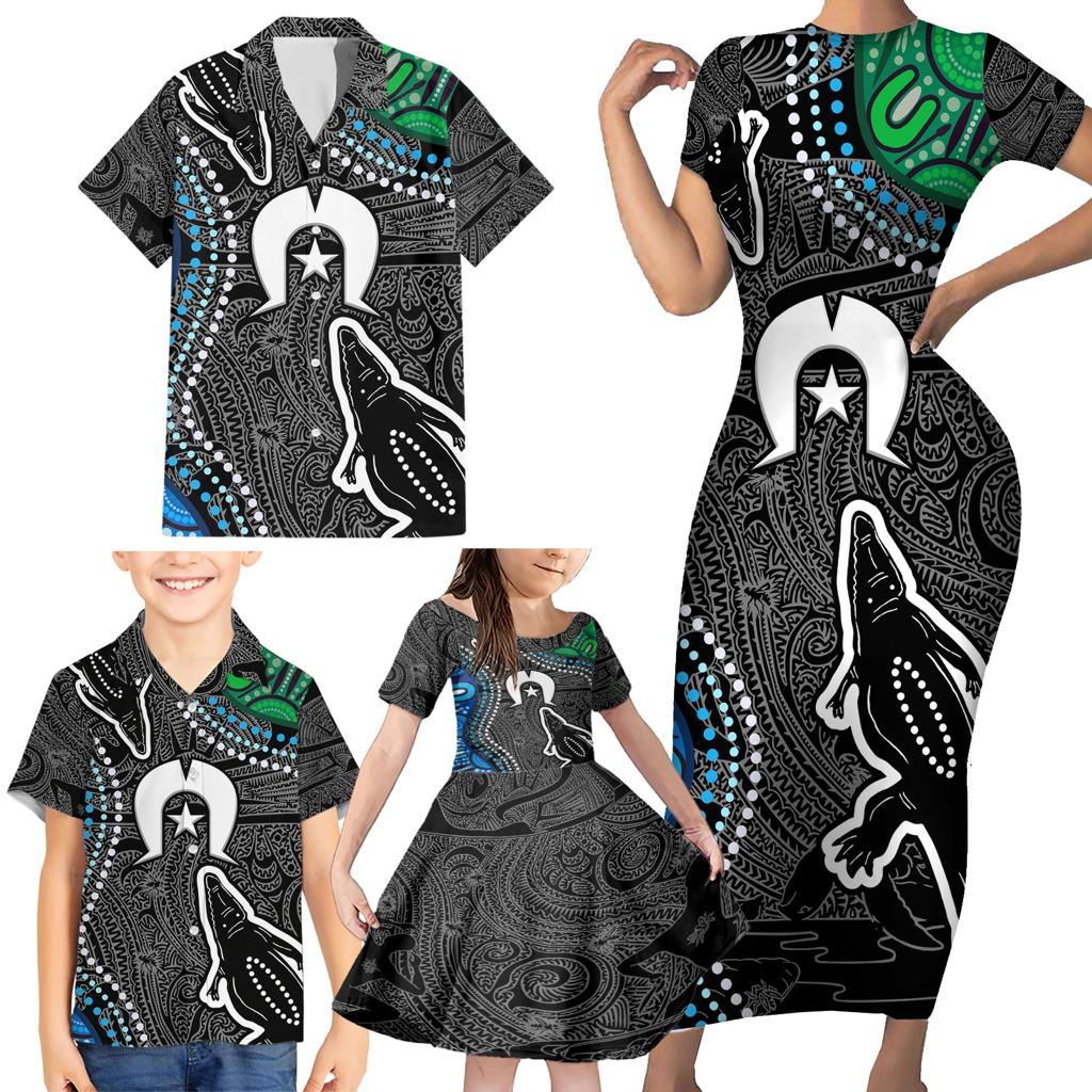 Torest Trait Islands Mix Crocodine Aboriginal Pattern Family Matching Short Sleeve Bodycon Dress and Hawaiian Shirt