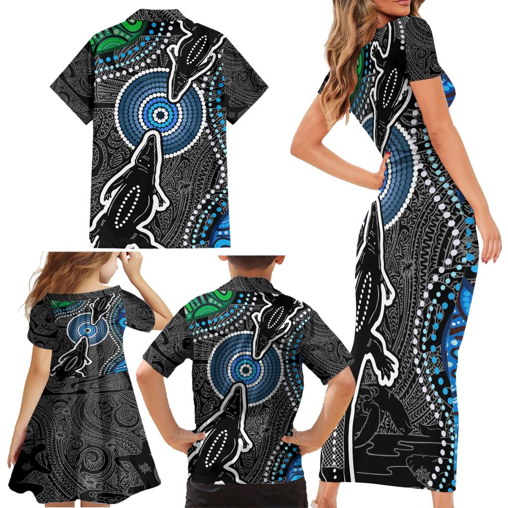 Torest Trait Islands Mix Crocodine Aboriginal Pattern Family Matching Short Sleeve Bodycon Dress and Hawaiian Shirt